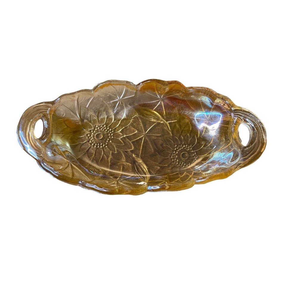 VINTAGE INDIANA CARNIVAL MARIGOLD AMBER GLASS SUNFLOWER RELISH CANDY DISH